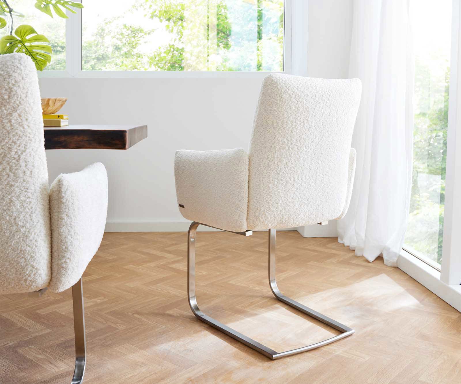 Étkezőszék Jova-Flex karfás bouclé fehér étkezőszék kerek rozsdamentes acél zsákrugós - Image 5