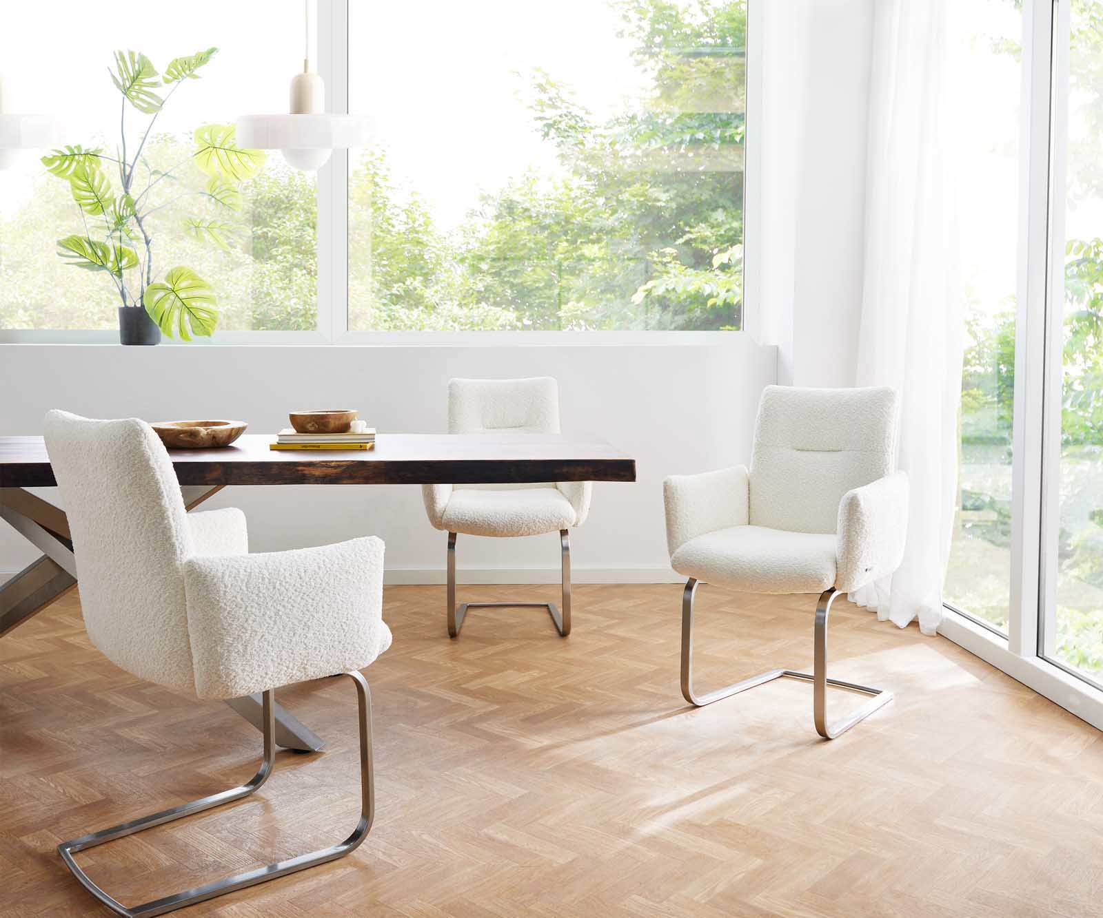 Étkezőszék Jova-Flex karfás bouclé fehér étkezőszék kerek rozsdamentes acél zsákrugós - Image 6