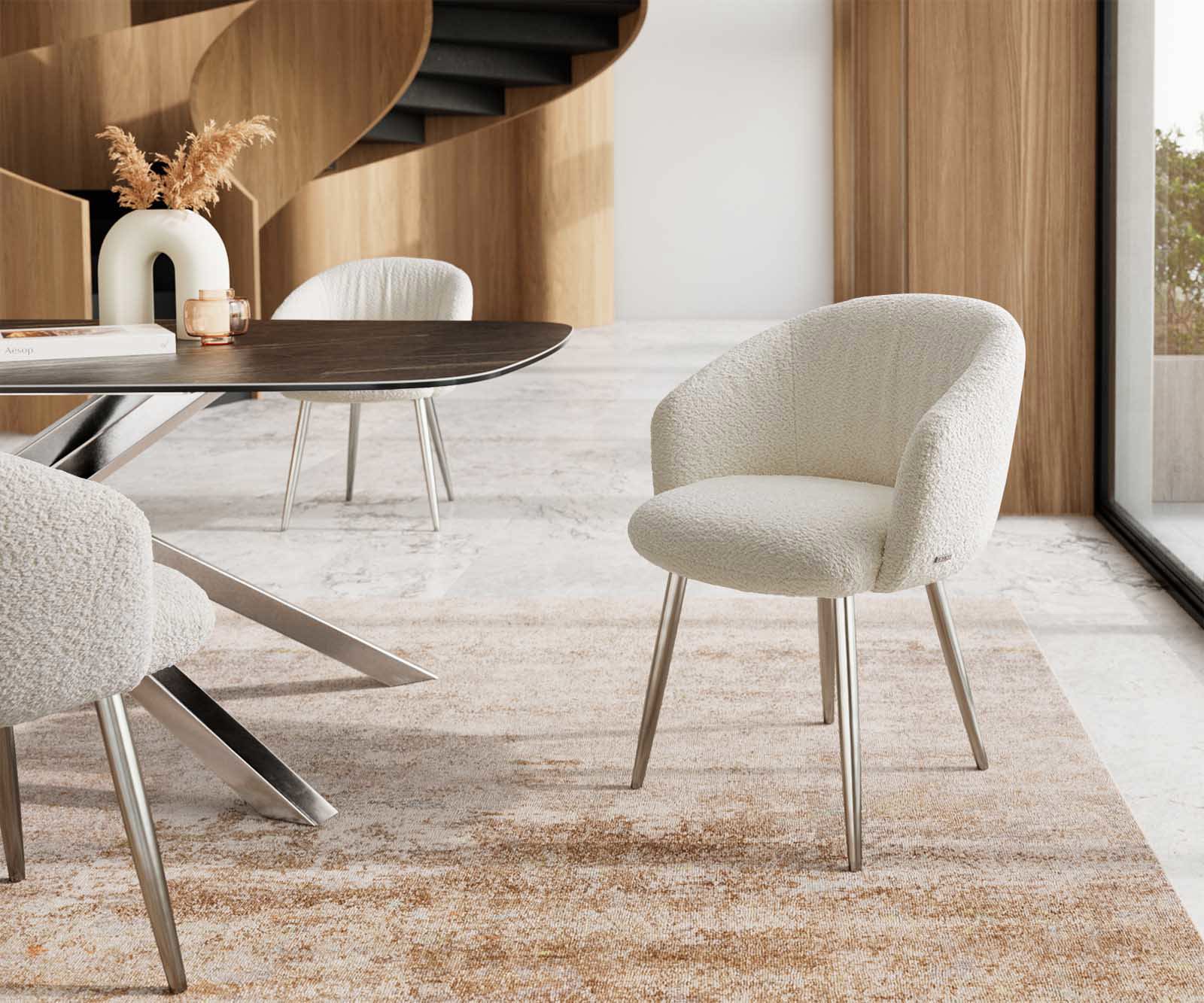 Étkezőszék Caja-Flex karfás bouclé fehér 4 lábas kúpos rozsdamentes acél zsákrugós