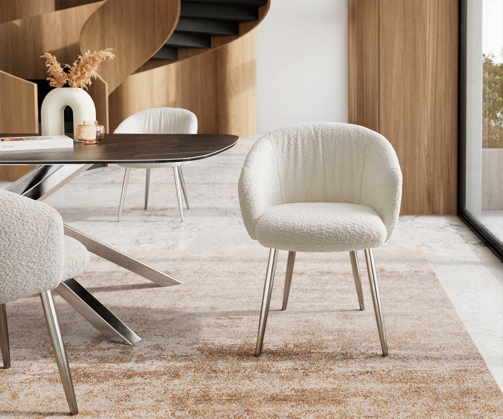 Étkezőszék Caja-Flex karfás bouclé fehér 4 lábas kúpos rozsdamentes acél zsákrugós - Image 2