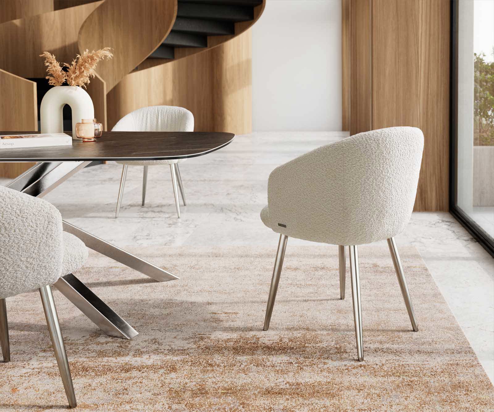 Étkezőszék Caja-Flex karfás bouclé fehér 4 lábas kúpos rozsdamentes acél zsákrugós - Image 5