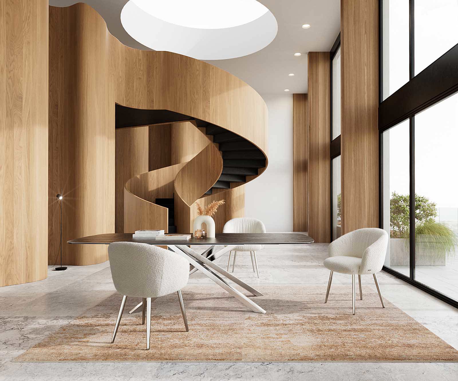 Étkezőszék Caja-Flex karfás bouclé fehér 4 lábas kúpos rozsdamentes acél zsákrugós - Image 6