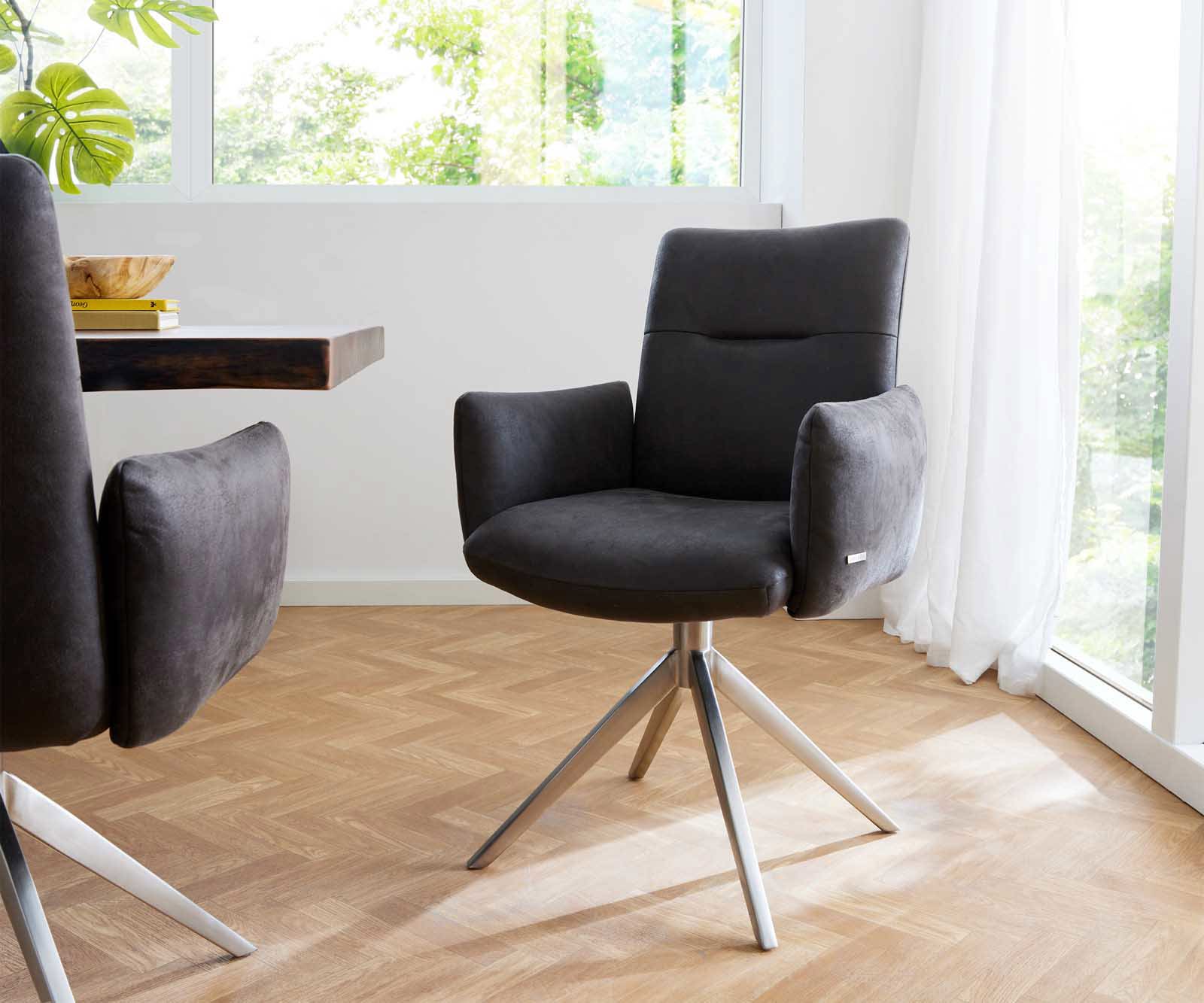 Étkezőszék Jova-Flex karfás mikroszálas antracit vintage széles kereszt láb rozsdamentes acél 360° forgatható zsákrugós