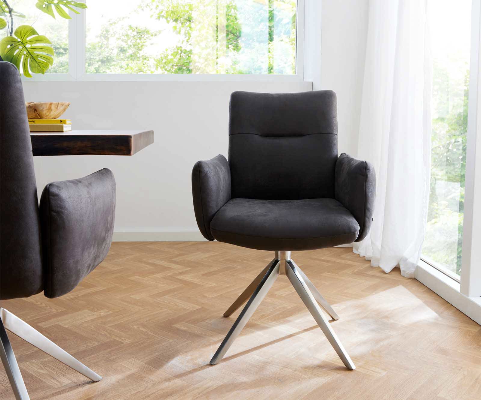 Étkezőszék Jova-Flex karfás mikroszálas antracit vintage széles kereszt láb rozsdamentes acél 360° forgatható zsákrugós - Image 2