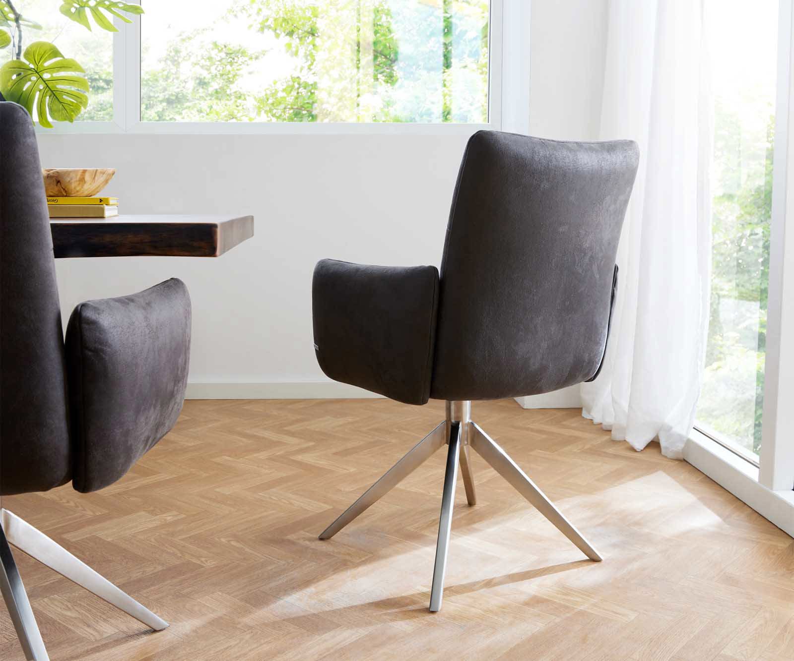 Étkezőszék Jova-Flex karfás mikroszálas antracit vintage széles kereszt láb rozsdamentes acél 360° forgatható zsákrugós - Image 5