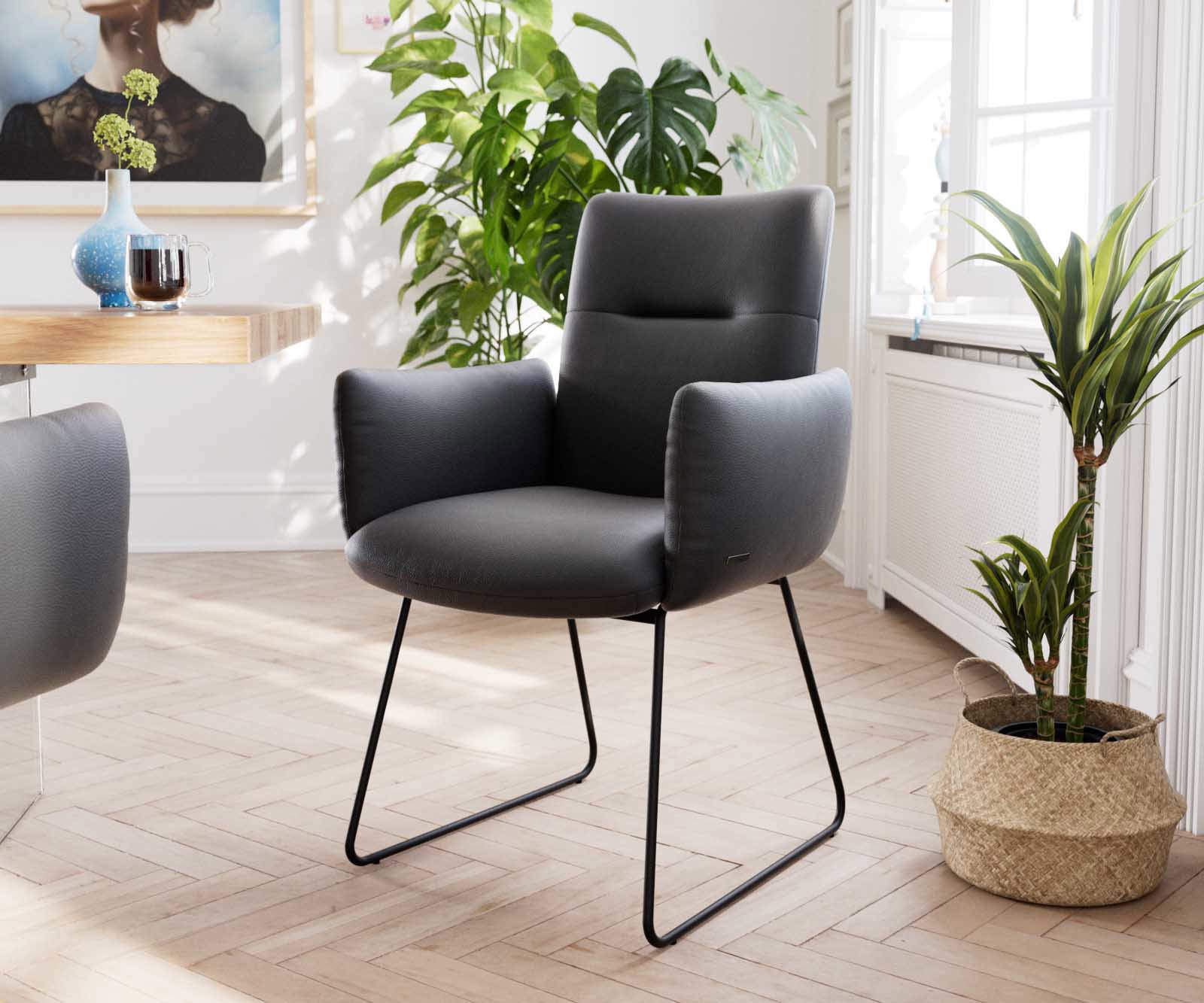 Étkezőszék Jova-Flex karfás valódi bőr fekete vékony lábazat fekete zsákrugós