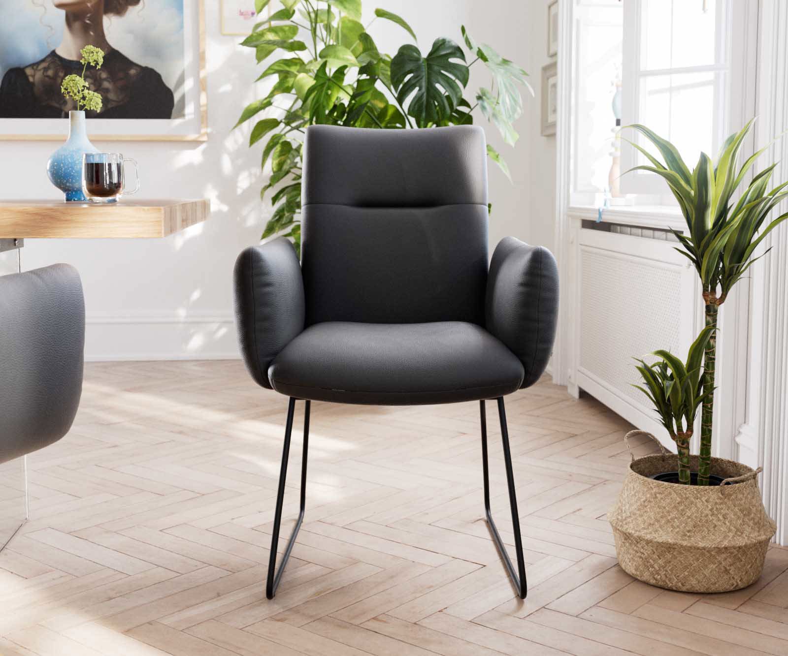 Étkezőszék Jova-Flex karfás valódi bőr fekete vékony lábazat fekete zsákrugós - Image 2