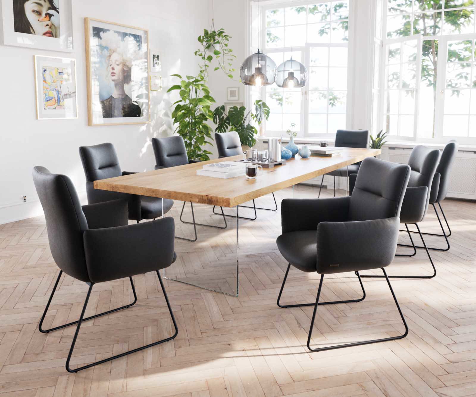 Étkezőszék Jova-Flex karfás valódi bőr fekete vékony lábazat fekete zsákrugós - Image 5