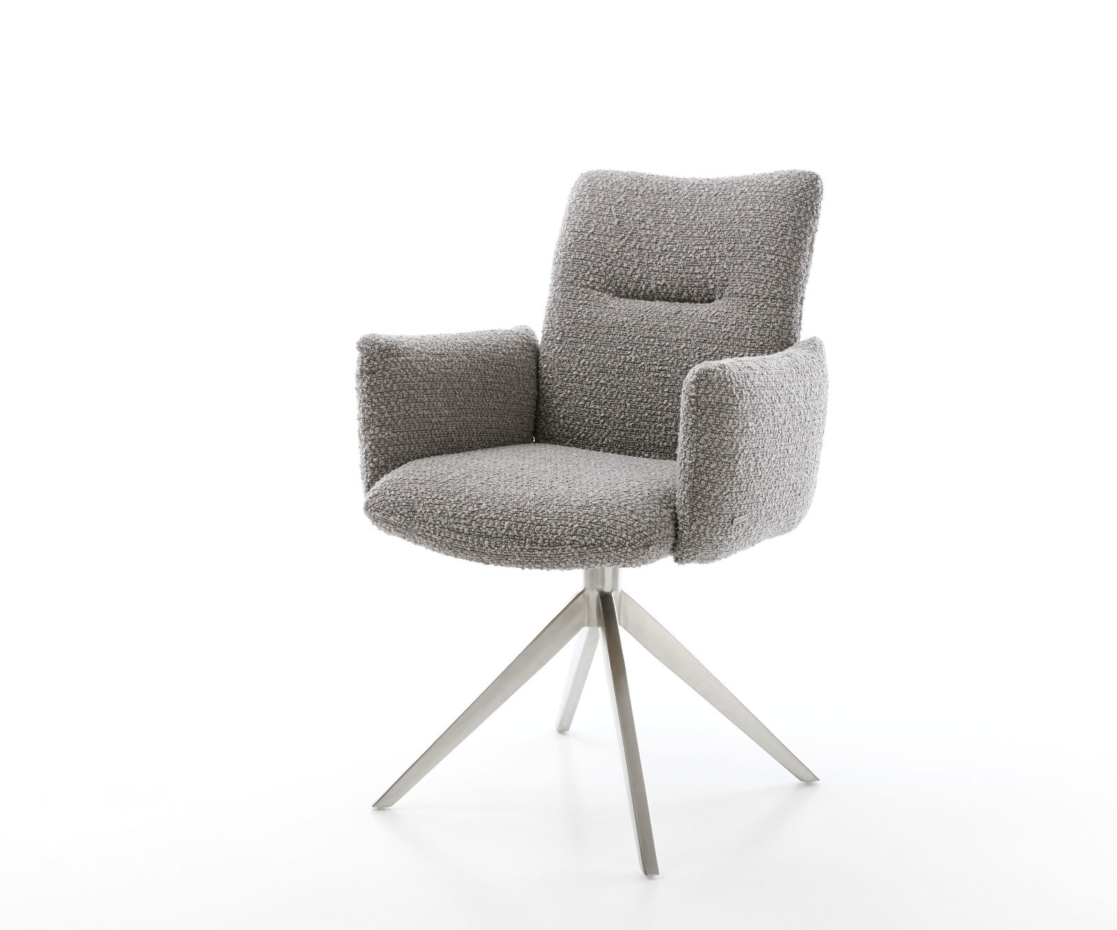 Étkezőszék Jova-Flex karfás bouclé ezüstszürke kereszt láb széles rozsdamentes acél 360° forgatható zsákrugós