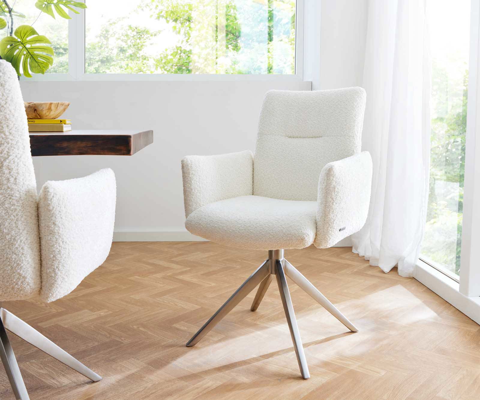 Étkezőszék Jova-Flex karfás bouclé fehér kereszt láb széles rozsdamentes acél 360° forgatható zsákrugós