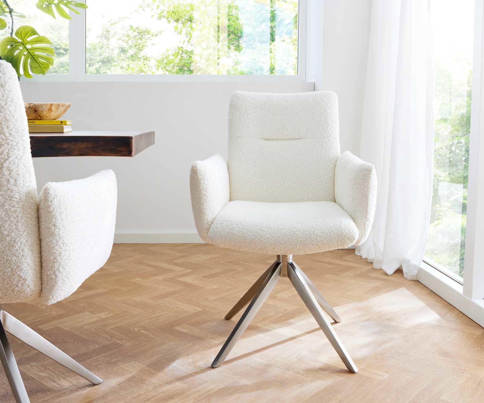 Étkezőszék Jova-Flex karfás bouclé fehér kereszt láb széles rozsdamentes acél 360° forgatható zsákrugós - Image 2