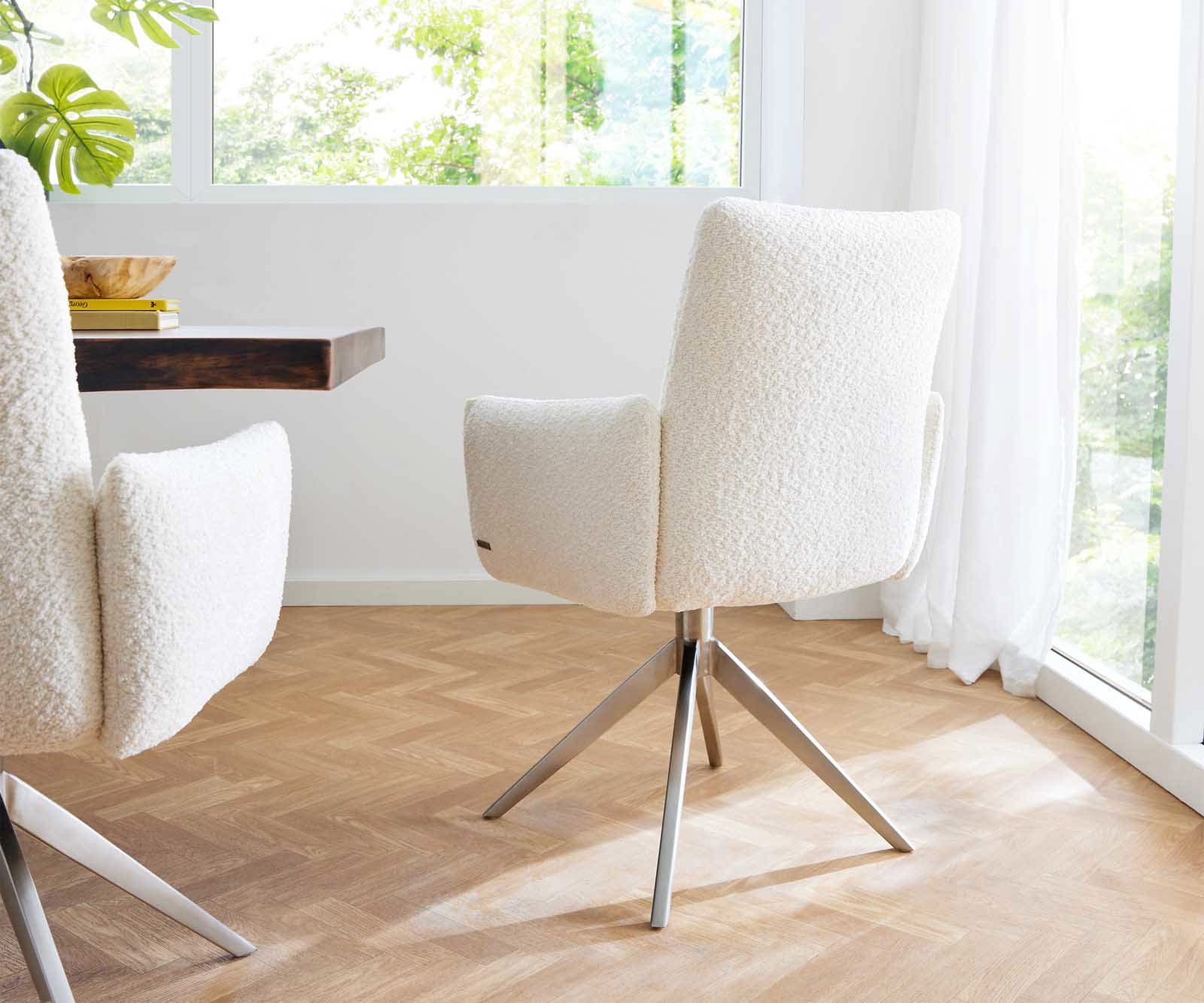 Étkezőszék Jova-Flex karfás bouclé fehér kereszt láb széles rozsdamentes acél 360° forgatható zsákrugós - Image 5