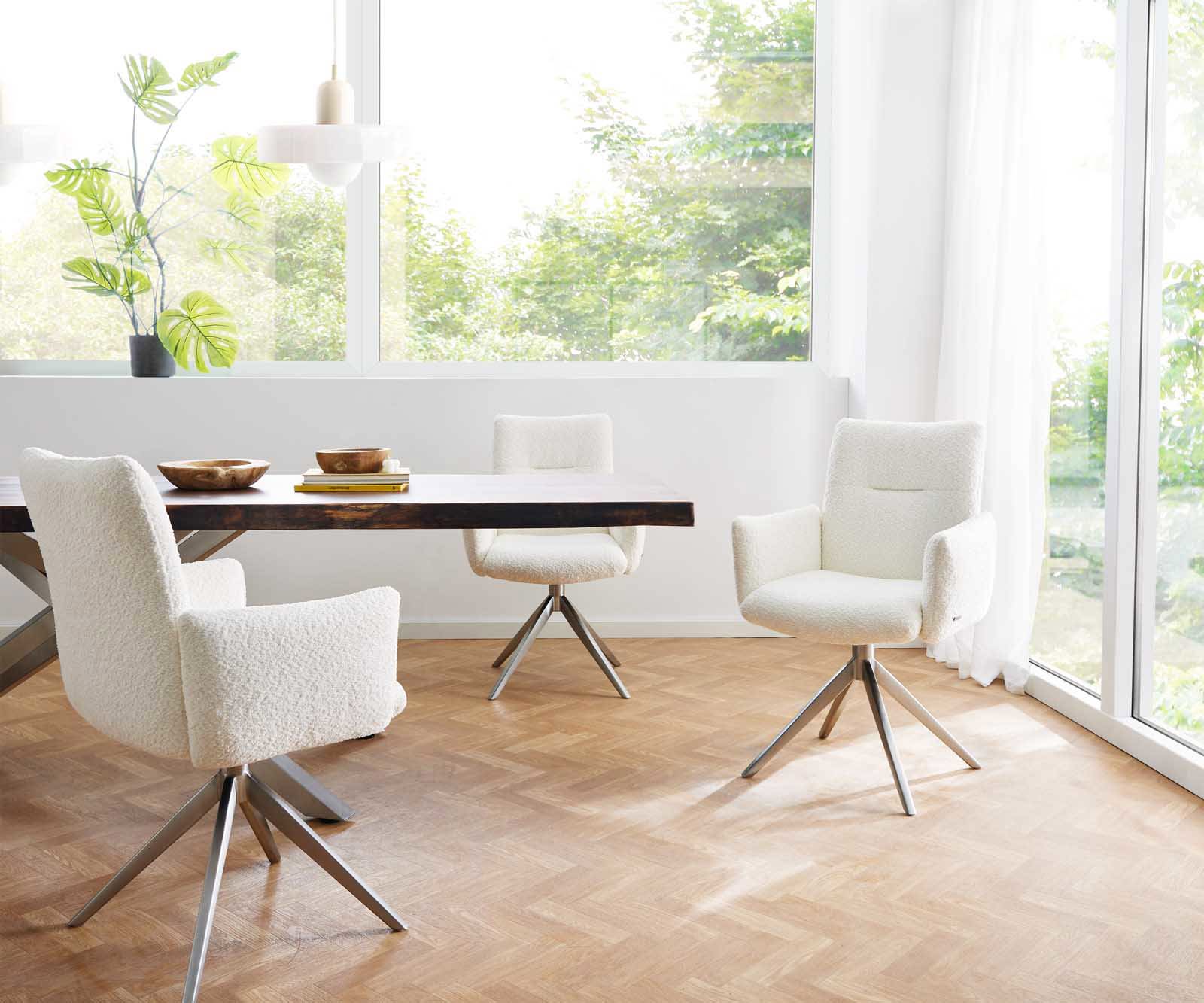 Étkezőszék Jova-Flex karfás bouclé fehér kereszt láb széles rozsdamentes acél 360° forgatható zsákrugós - Image 6