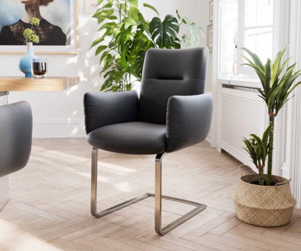 Étkezőszék Jova-Flex karfás valódi bőr fekete étkezőszék lapos rozsdamentes acél zsákrugós