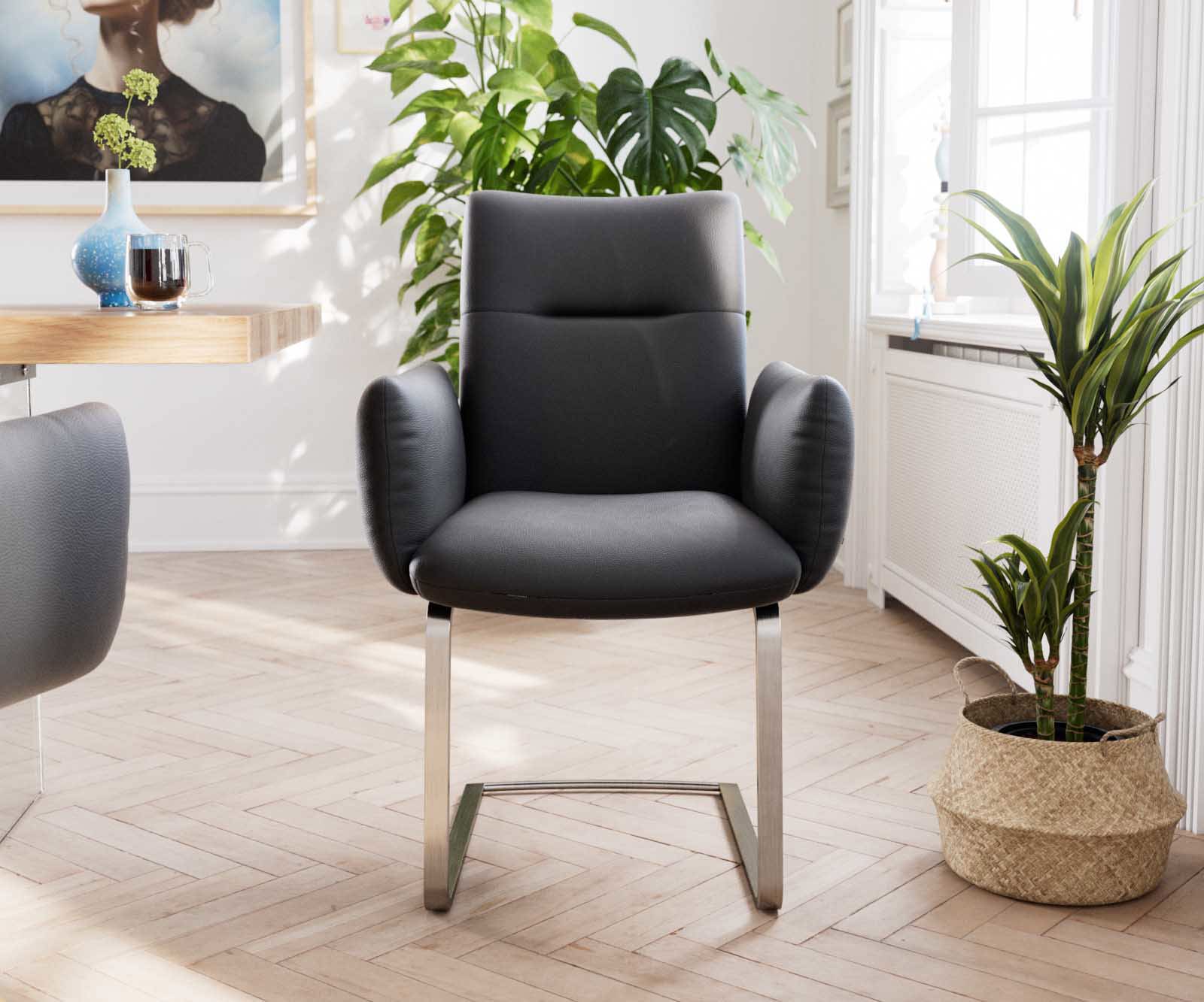 Étkezőszék Jova-Flex karfás valódi bőr fekete étkezőszék lapos rozsdamentes acél zsákrugós - Image 2