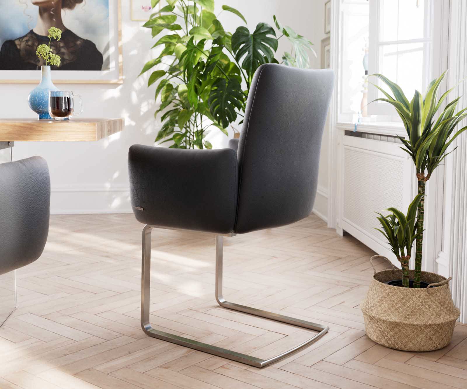 Étkezőszék Jova-Flex karfás valódi bőr fekete étkezőszék lapos rozsdamentes acél zsákrugós - Image 4