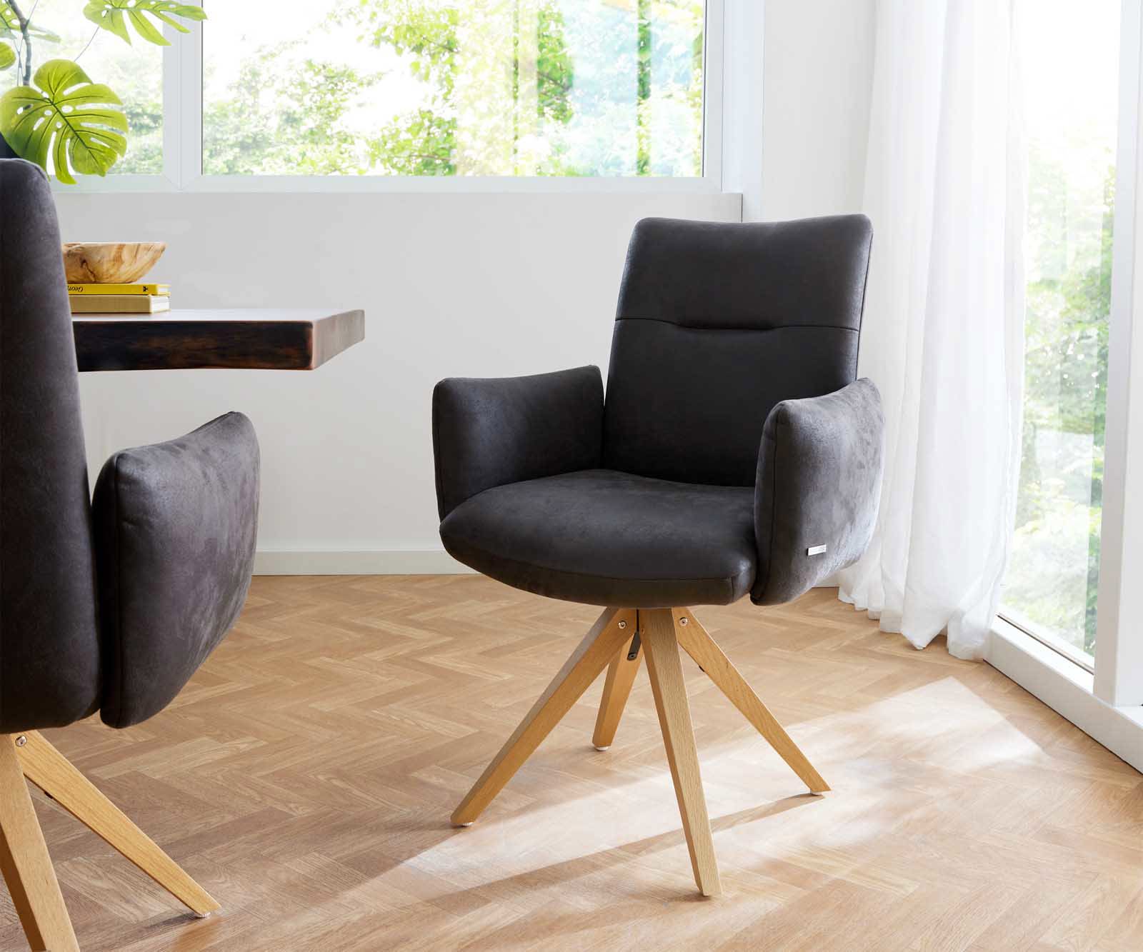 Étkezőszék Jova-Flex karfás mikroszálas antracit vintage fa láb szögletes természetes 180° forgatható zsákrugós