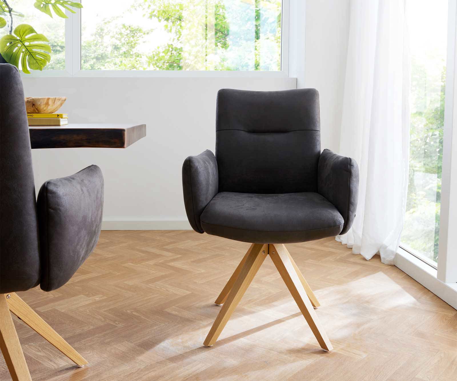 Étkezőszék Jova-Flex karfás mikroszálas antracit vintage fa láb szögletes természetes 180° forgatható zsákrugós - Image 2