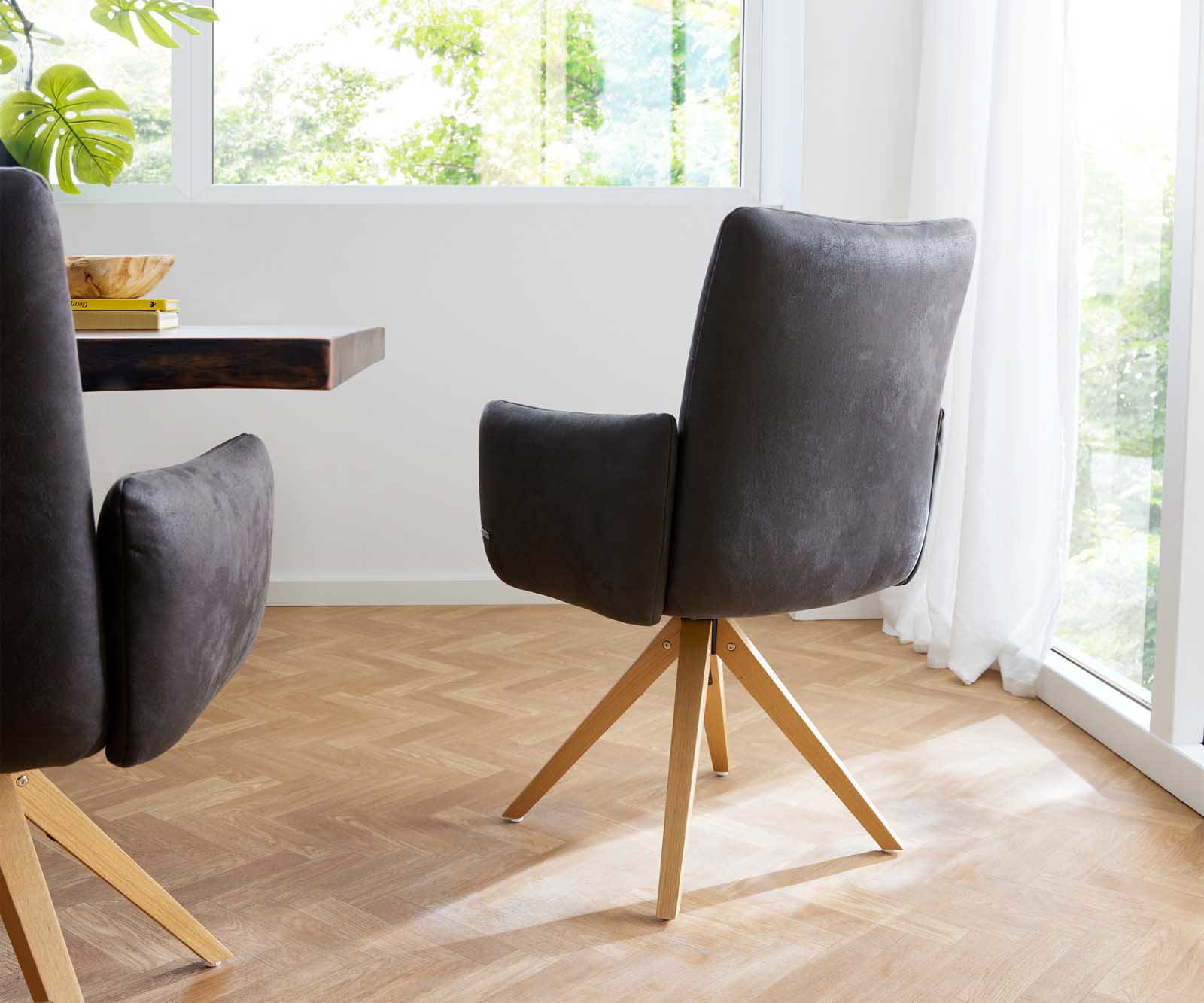 Étkezőszék Jova-Flex karfás mikroszálas antracit vintage fa láb szögletes természetes 180° forgatható zsákrugós - Image 5