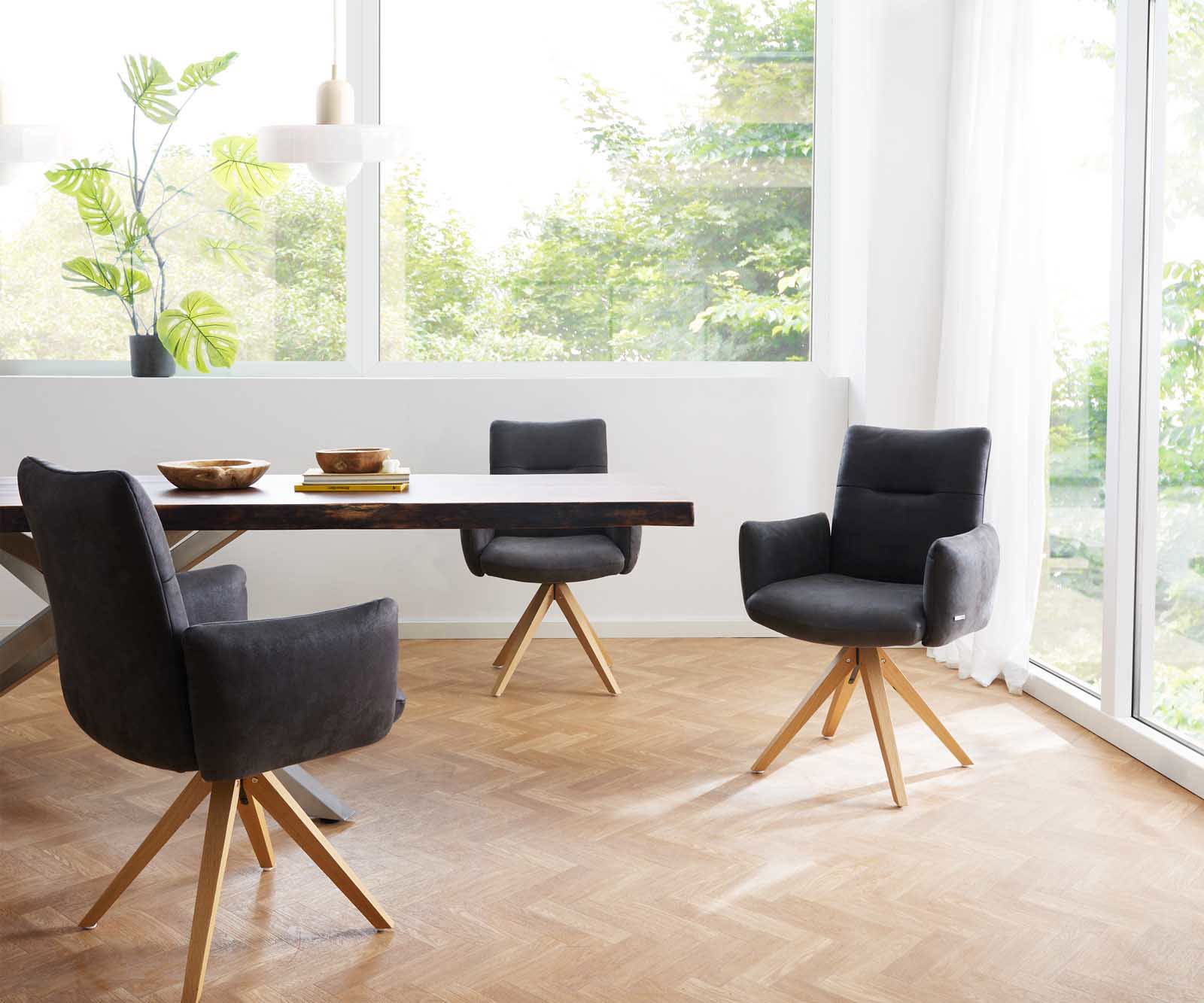 Étkezőszék Jova-Flex karfás mikroszálas antracit vintage fa láb szögletes természetes 180° forgatható zsákrugós - Image 6