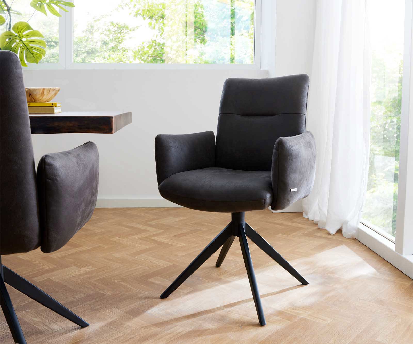 Étkezőszék Jova-Flex karfás mikroszálas antracit vintage széles kereszt láb fekete 360° forgatható zsákrugós