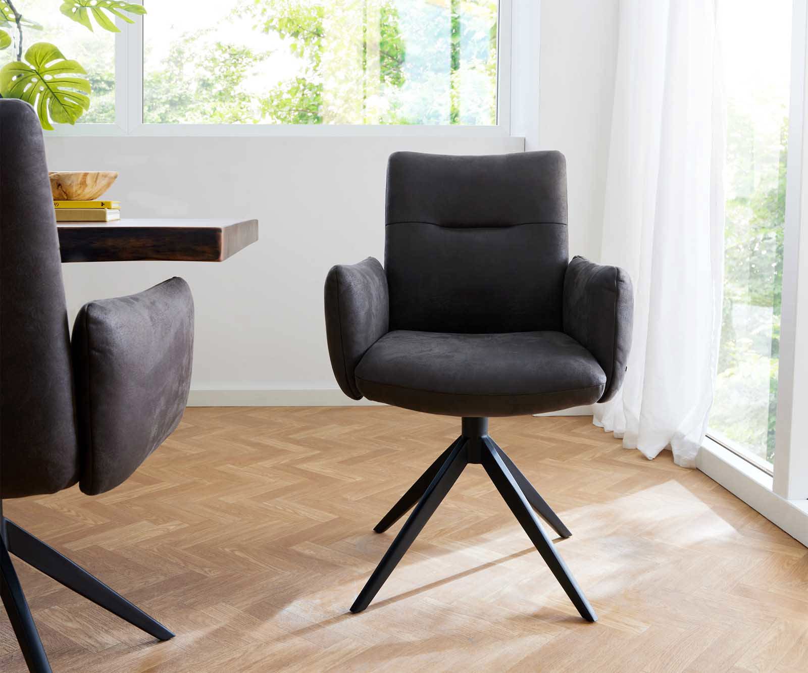 Étkezőszék Jova-Flex karfás mikroszálas antracit vintage széles kereszt láb fekete 360° forgatható zsákrugós - Image 2