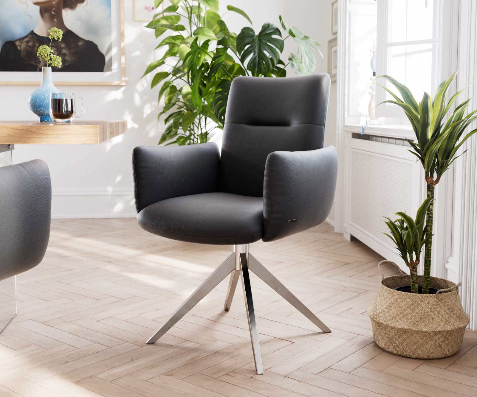 Étkezőszék Jova-Flex karfás valódi bőr fekete széles rozsdamentes acél kereszt láb 360° forgatható zsákrugós