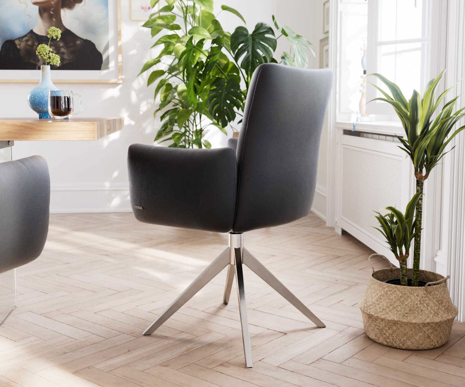 Étkezőszék Jova-Flex karfás valódi bőr fekete széles rozsdamentes acél kereszt láb 360° forgatható zsákrugós - Image 4