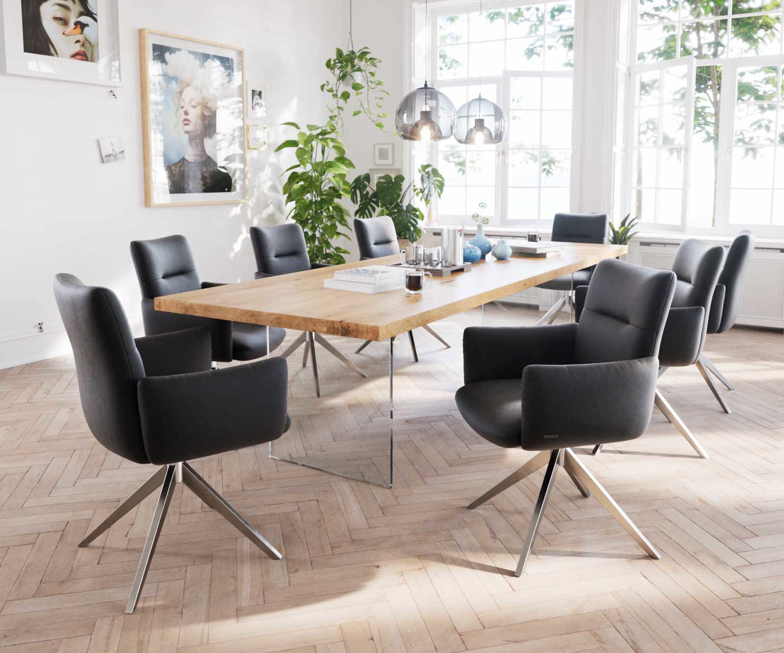 Étkezőszék Jova-Flex karfás valódi bőr fekete széles rozsdamentes acél kereszt láb 360° forgatható zsákrugós - Image 5