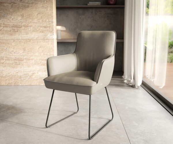 Étkezőszék Heira-Flex karfás valódi bőr sötét bézs vékony lábazat fekete zsákrugós