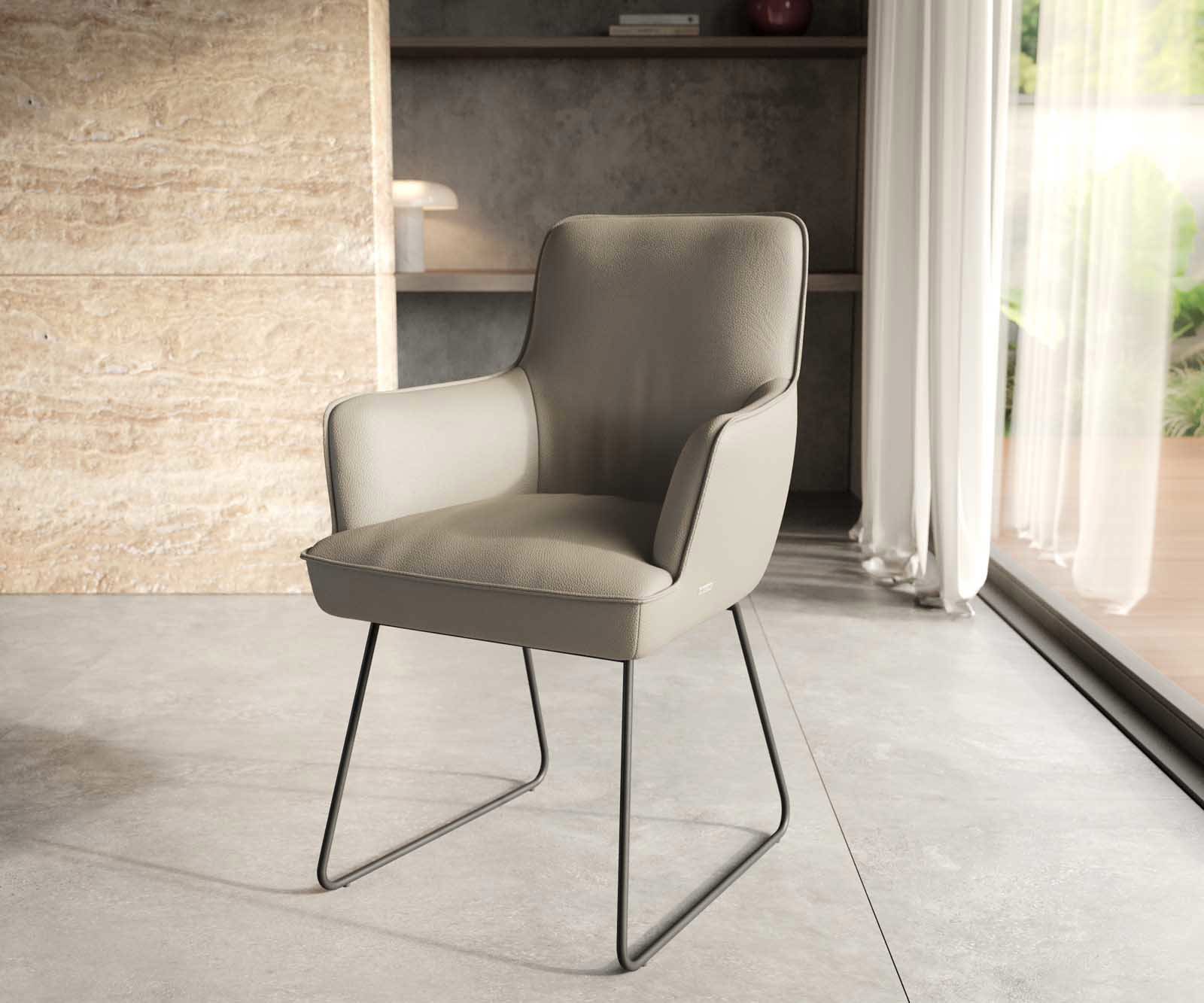 Étkezőszék Heira-Flex karfás valódi bőr sötét bézs vékony lábazat fekete zsákrugós