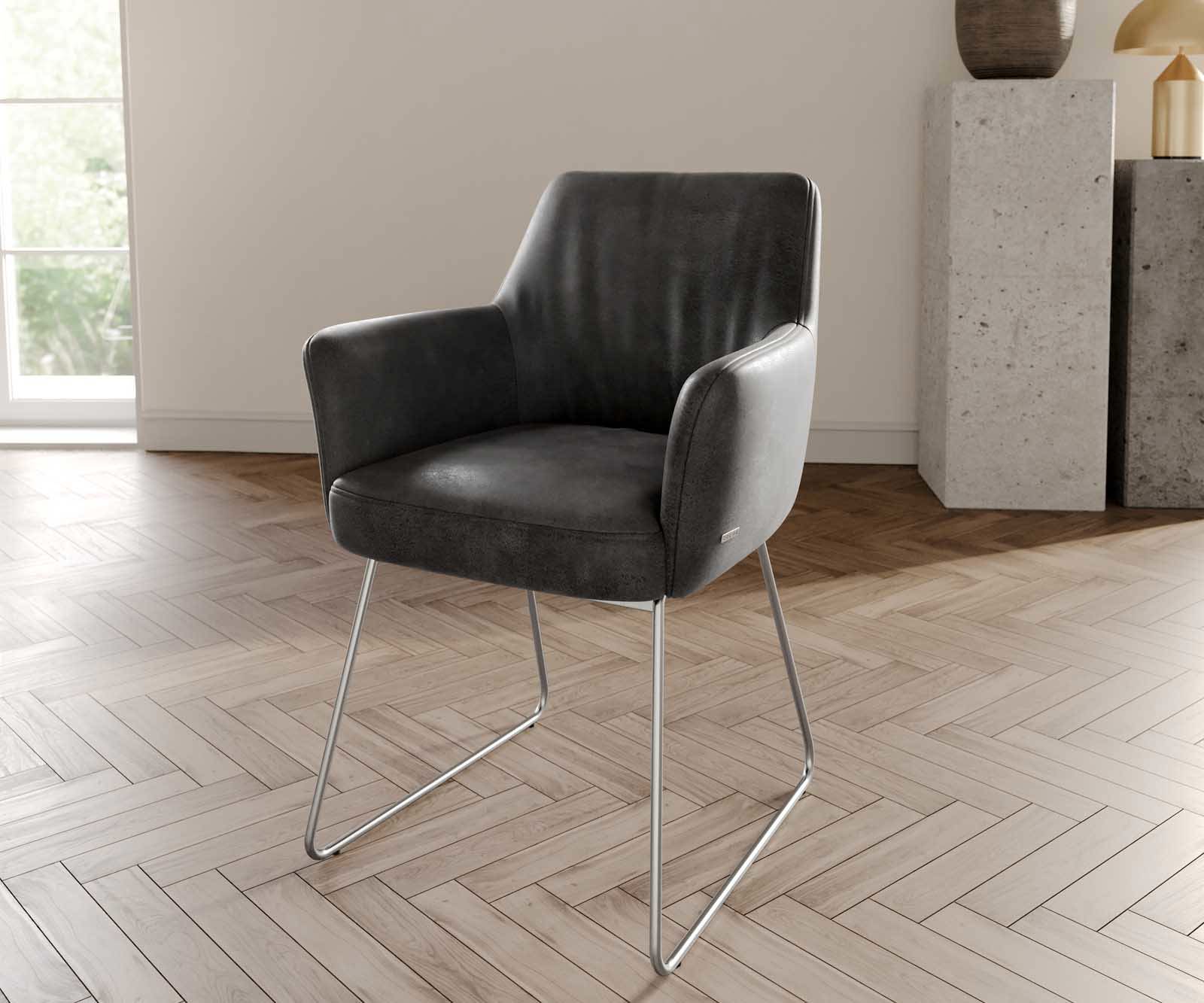 Étkezőszék Xana-Flex karfás mikroszálas antracit vintage vékony lábazat rozsdamentes acél zsákrugós