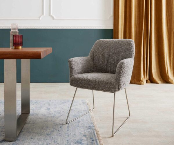 Étkezőszék Xana-Flex karfás bouclé ezüstszürke vékony lábazat rozsdamentes acél zsákrugós