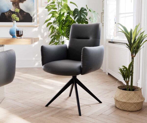 Étkezőszék Jova-Flex kényelmes karfákkal valódi fekete bőrrel széles fekete kereszt lábbal 360° forgatható zsákrugós