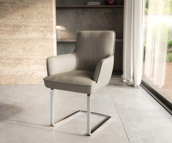 Étkezőszék Heira-Flex karfás valódi bőr sötét bézs étkezőszék lapos rozsdamentes acél zsákrugós