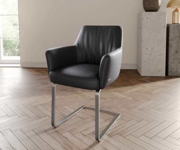 Étkezőszék Xana-Flex karfás valódi bőr fekete étkezőszék lapos rozsdamentes acél zsákrugós