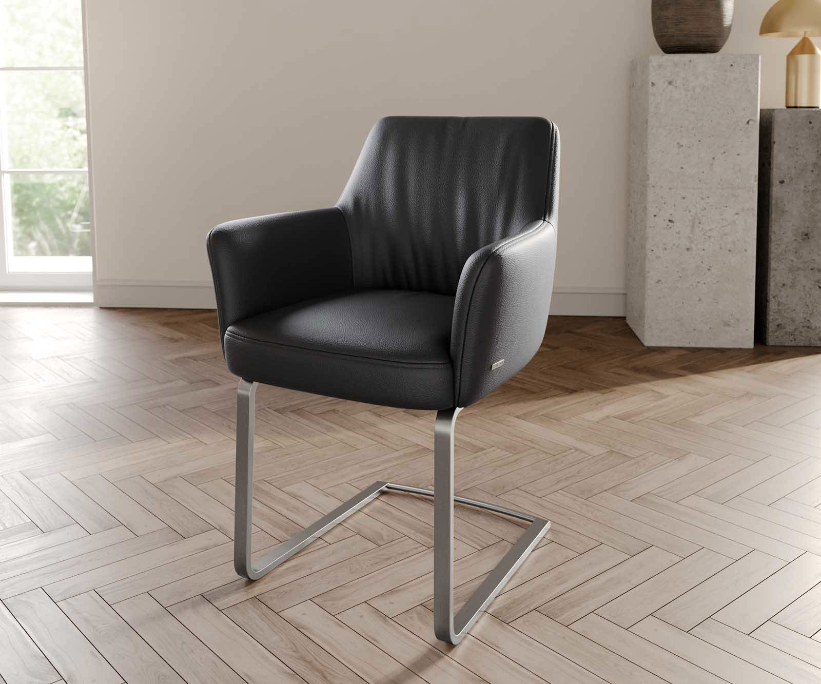 Étkezőszék Xana-Flex karfás valódi bőr fekete étkezőszék lapos rozsdamentes acél zsákrugós