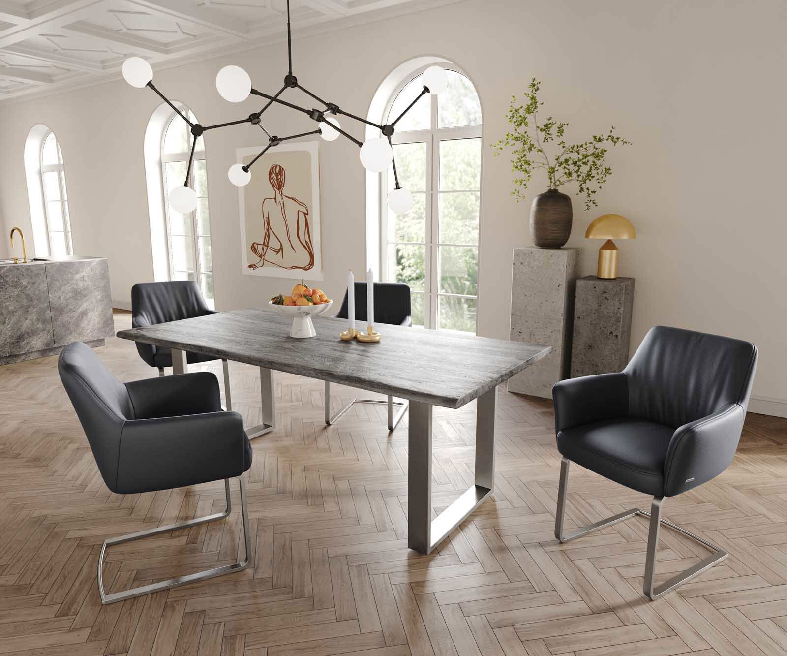 Étkezőszék Xana-Flex karfás valódi bőr fekete étkezőszék lapos rozsdamentes acél zsákrugós - Image 5