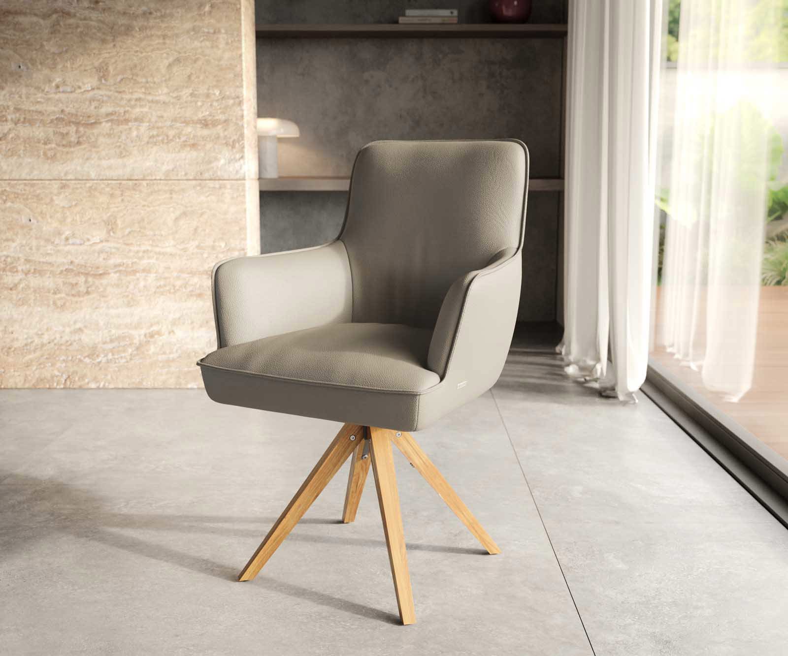 Étkezőszék Heira-Flex karfás valódi bőr sáfrányszínű fa láb szögletes természetes 180° forgatható zsákrugós