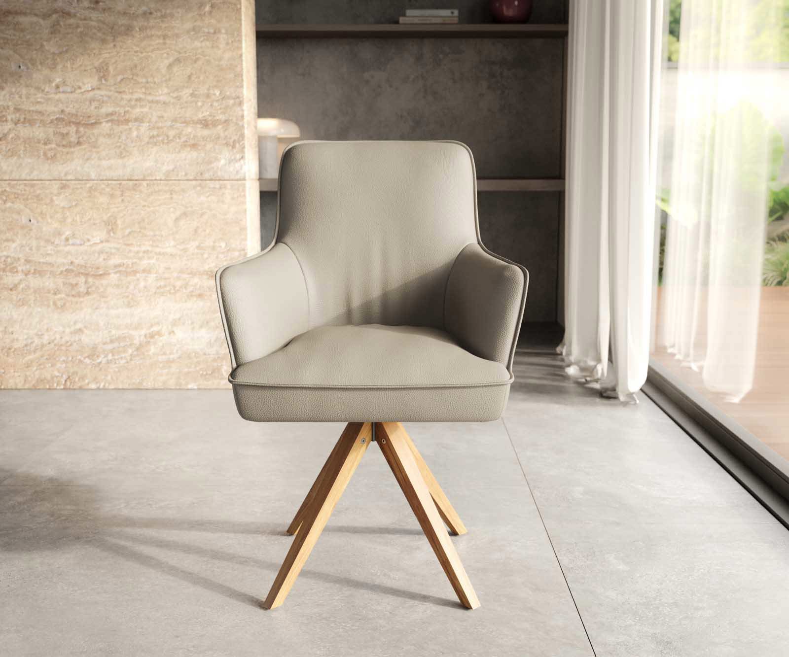 Étkezőszék Heira-Flex karfás valódi bőr sáfrányszínű fa láb szögletes természetes 180° forgatható zsákrugós - Image 2