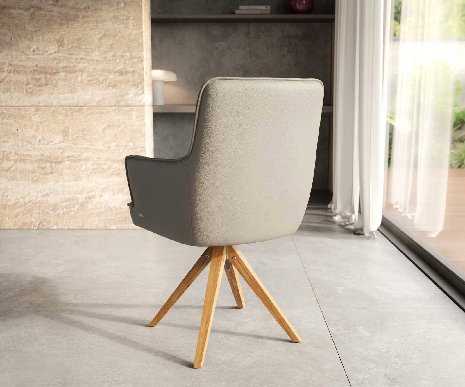 Étkezőszék Heira-Flex karfás valódi bőr sáfrányszínű fa láb szögletes természetes 180° forgatható zsákrugós - Image 4