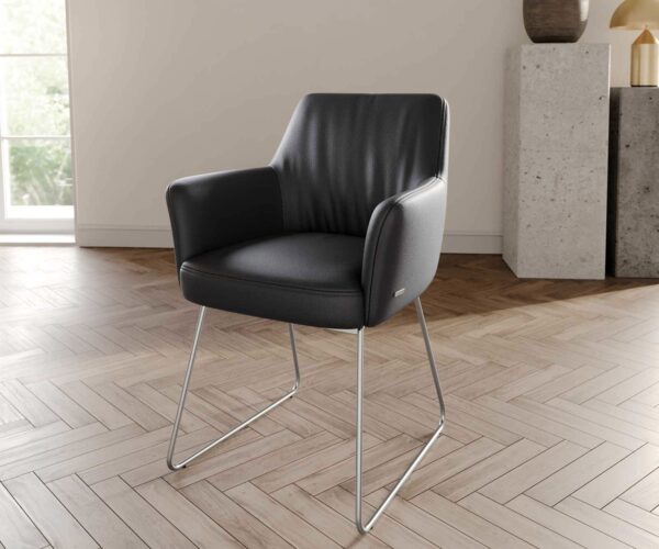 Étkezőszék Xana-Flex karfás valódi bőr fekete vékony lábazat rozsdamentes acél zsákrugós