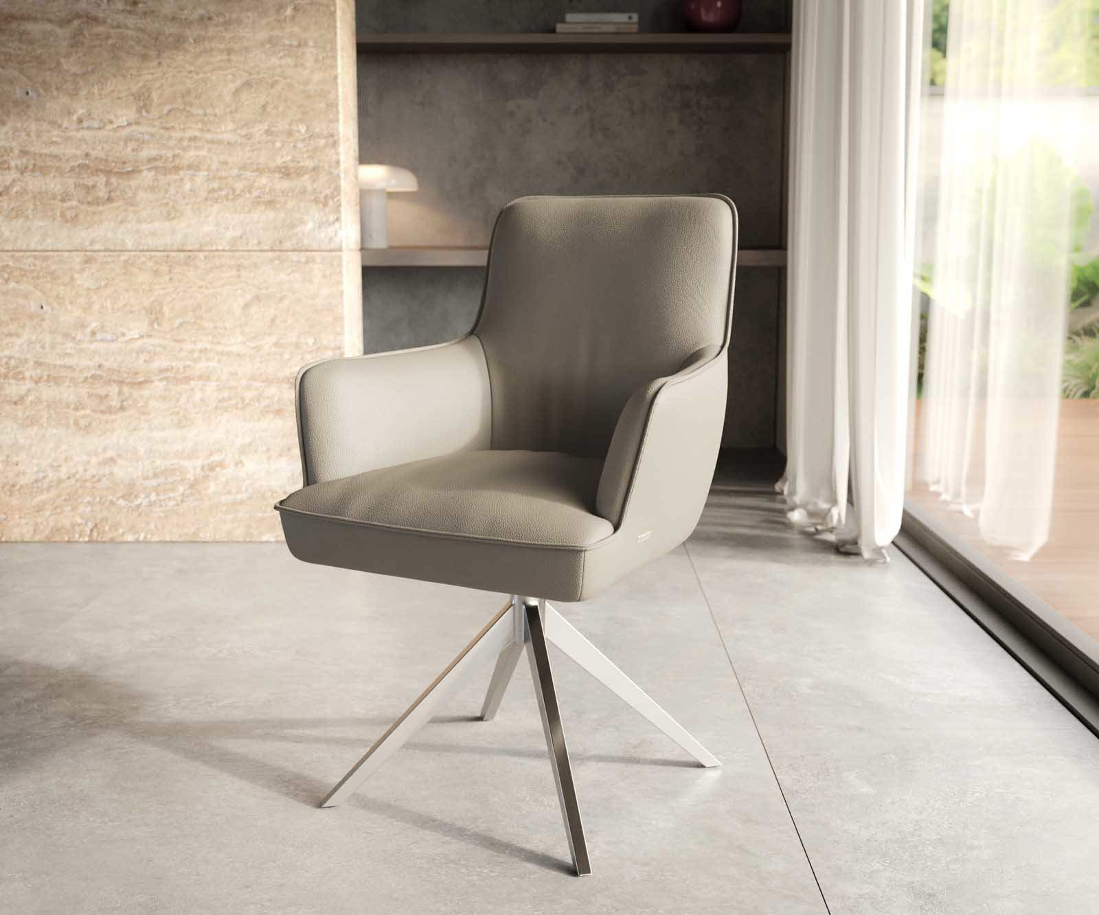 Étkezőszék Heira-Flex karfás valódi bőr sötét bézs kereszt láb széles rozsdamentes acél 360° forgatható zsákrugós