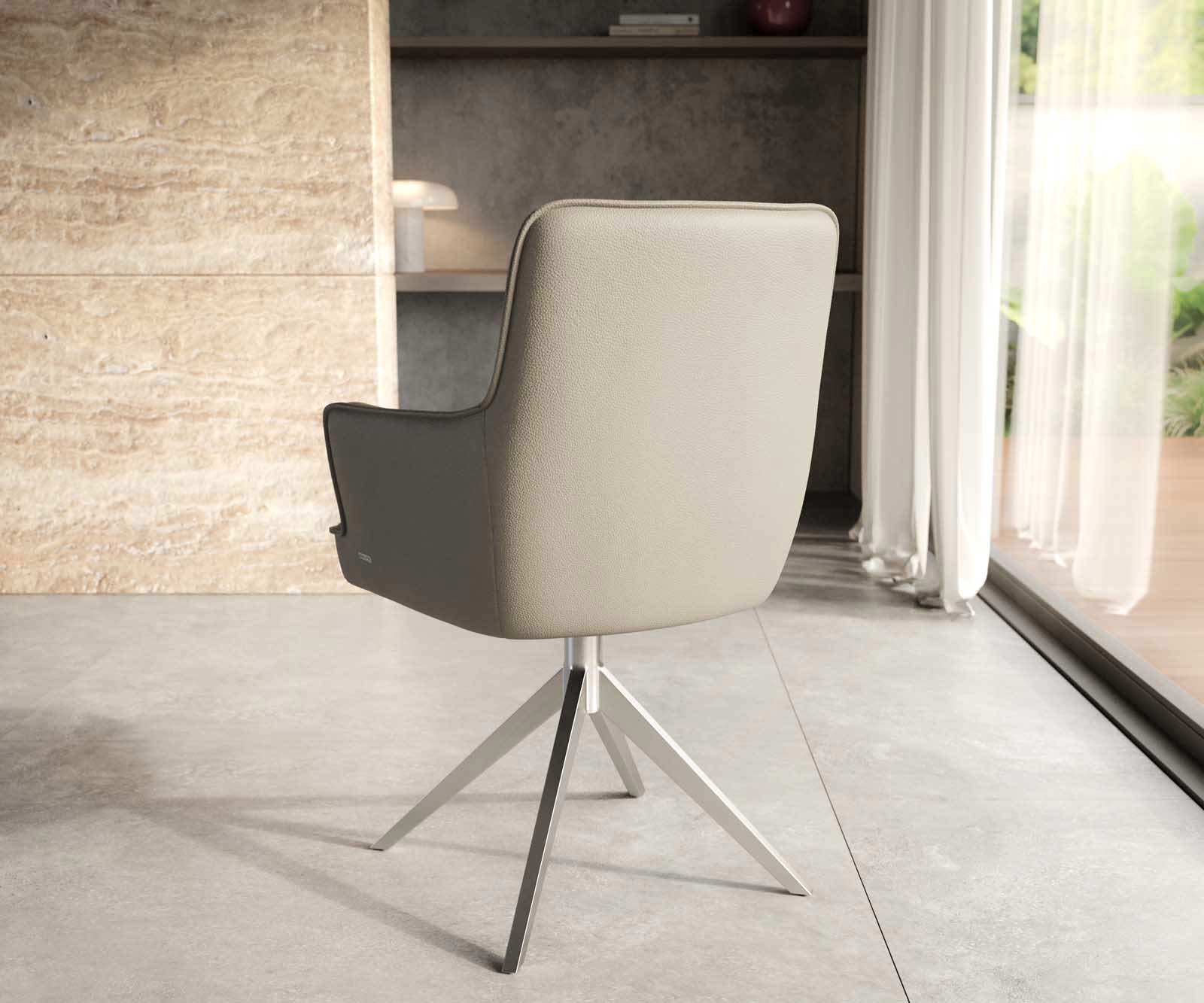 Étkezőszék Heira-Flex karfás valódi bőr sötét bézs kereszt láb széles rozsdamentes acél 360° forgatható zsákrugós - Image 4