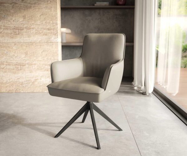 Étkezőszék Heira-Flex karfás valódi bőr sötét bézs kereszt láb széles fekete 360° forgatható zsákrugós