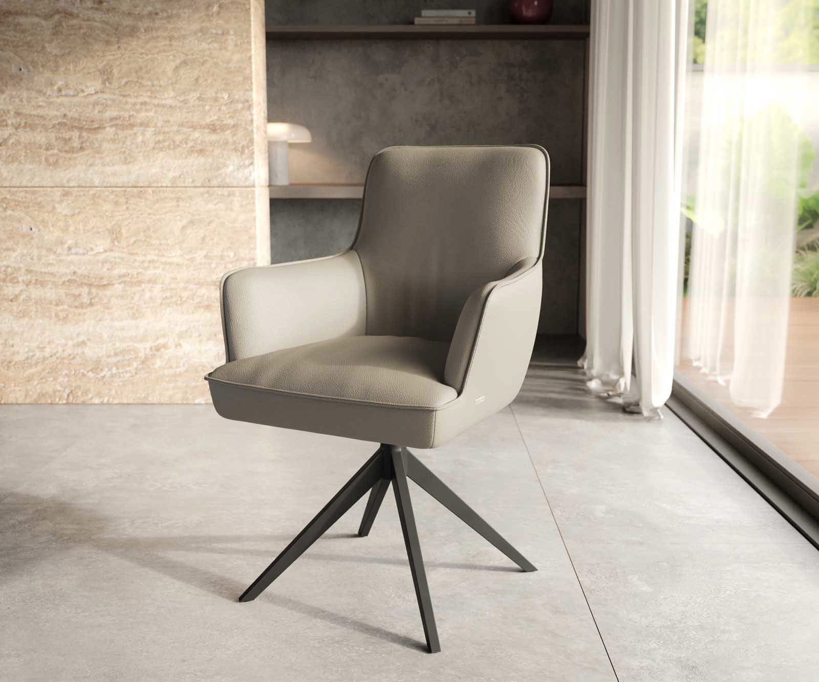 Étkezőszék Heira-Flex karfás valódi bőr sötét bézs kereszt láb széles fekete 360° forgatható zsákrugós