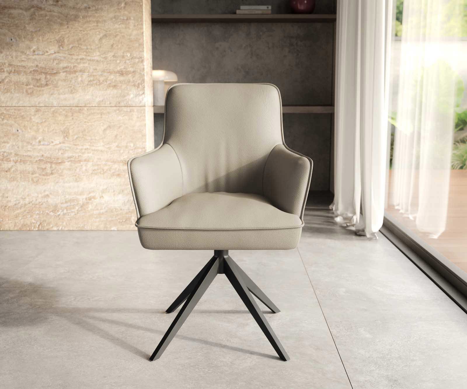 Étkezőszék Heira-Flex karfás valódi bőr sötét bézs kereszt láb széles fekete 360° forgatható zsákrugós - Image 2