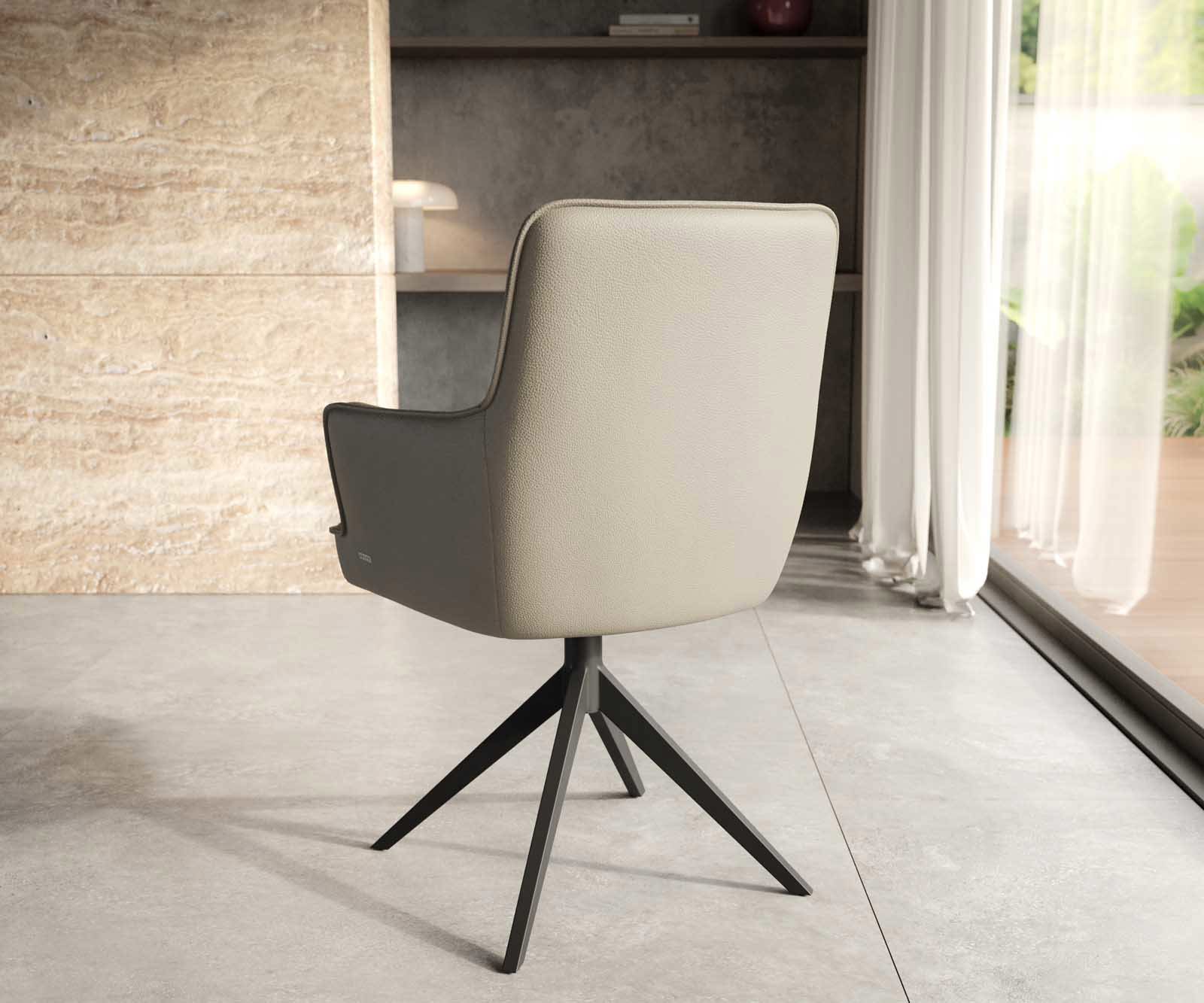 Étkezőszék Heira-Flex karfás valódi bőr sötét bézs kereszt láb széles fekete 360° forgatható zsákrugós - Image 4
