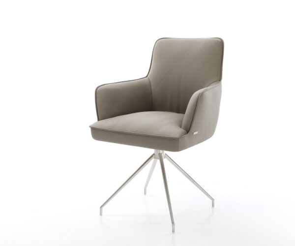 Étkezőszék Heira-Flex karfás valódi bőr sötét bézs kereszt láb kúpos rozsdamentes acél 180° forgatható zsákrugós