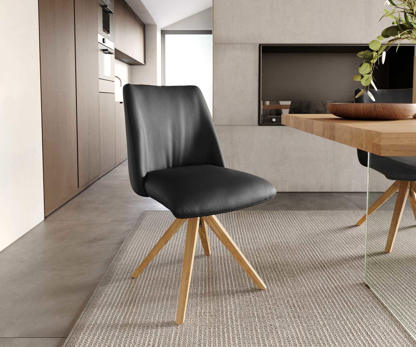 Étkezőszék Elso-Flex valódi bőr fekete fa láb szögletes természetes 180° forgatható zsákrugós